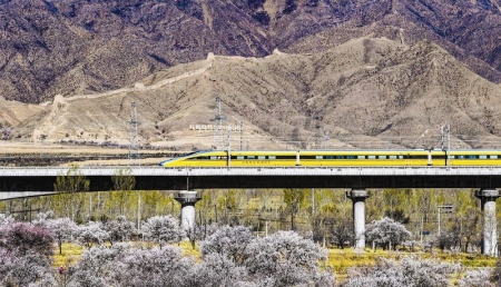 <br>          　　　　春·一列被称为“黄医生”的高速综合检验列车驶过长城脚下的万亩杏园 (大同)<br><br>        