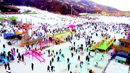           游客在景区赏花灯、戏冰雪、尝美食、品年味。 图片由万柏林区文旅局提供        
