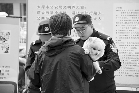           民警现场开展犬只登记备案工作 本报记者 陈彤 摄        